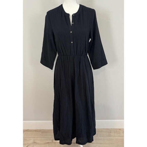Jenni Kayne Seersucker Shirt Midi Dress Women’s Size XS Black Lined 3/4 Sleeves - Picture 1 of 9
